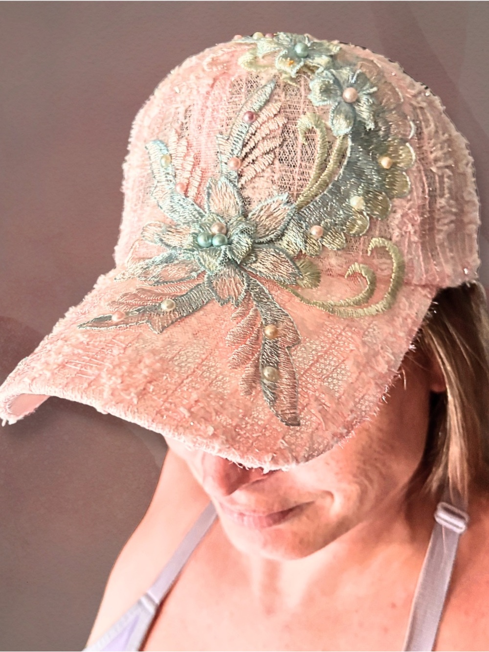 WHIMSYGOTH PINK LACE HAT Silver Embroidery Pearl Embellished Feminine Hat NEW